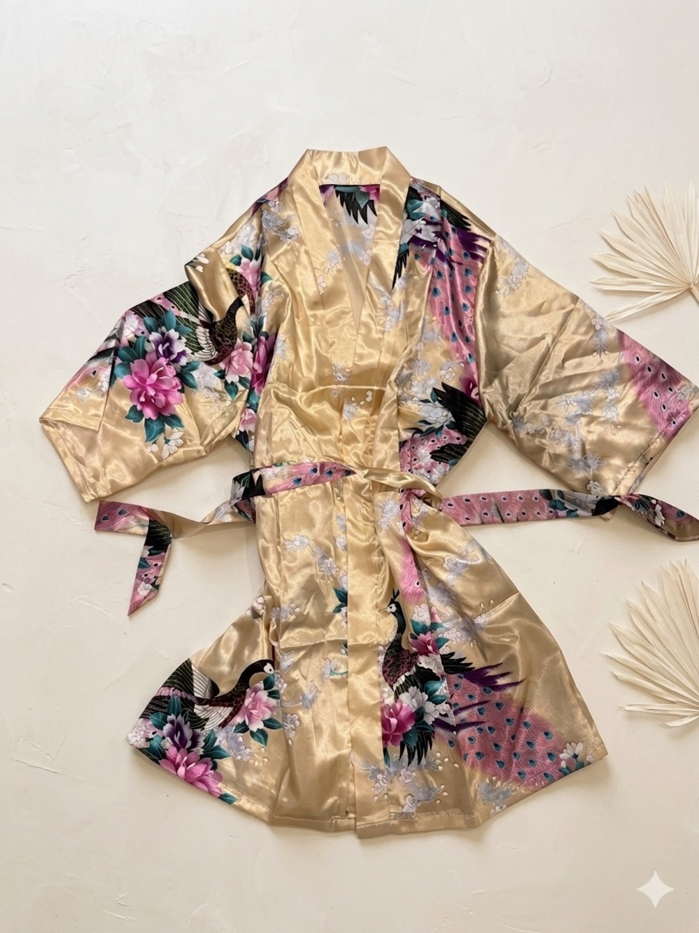 Vintage Style Champagne Gold Satin Peacock & Floral Robe – NEW